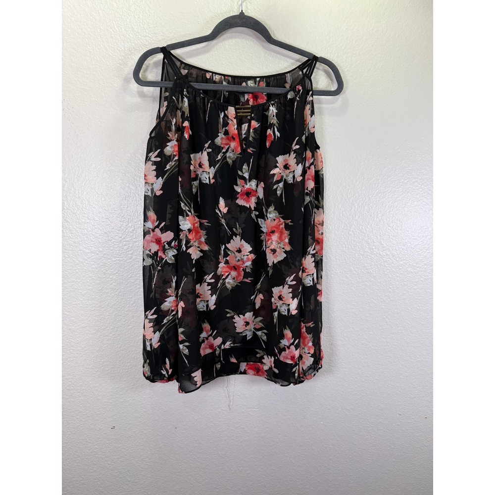 White House Black Market Floral Cold Shoulder Blouse Womens Large Black Good
